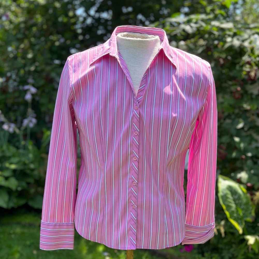 DDC. Women’s long sleeve pink, blue & white striped button down shirt. Size L.